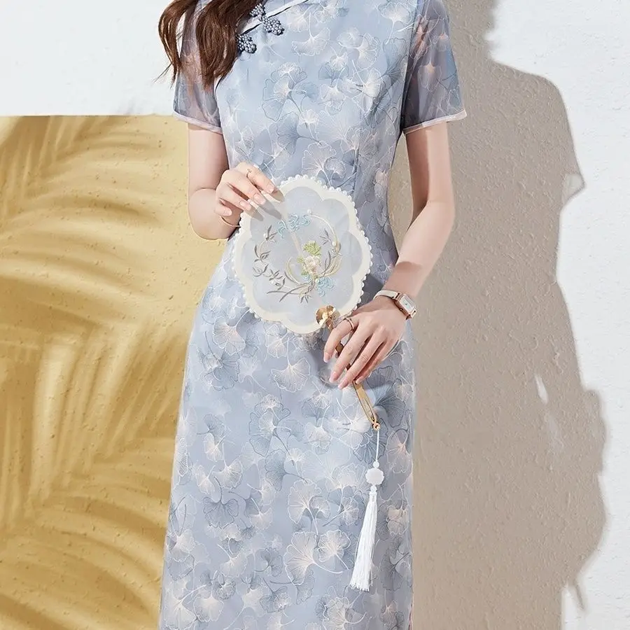 Chinese Traditional Qipao Dress Cheongsam Chi-pao Beaded Buttons Improved 2024 Summer Print Elegant Slim Dress Women's Clothing