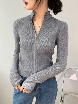 Women's Zip-Up Knit Cardigan Sweater 6 Spring Autumn Zipper Cardigan Women Sweaters Knitted Long Sleeve Stand-up Collar Tops Korean Fashion Short Sweater for Female 6