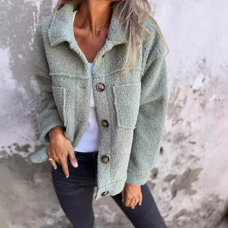 Lamb Wool Coat Women Autumn Winter Solid Color Warm Single Breasted Lapels Pockets Spliced Design Tops Office Lady Overcoat