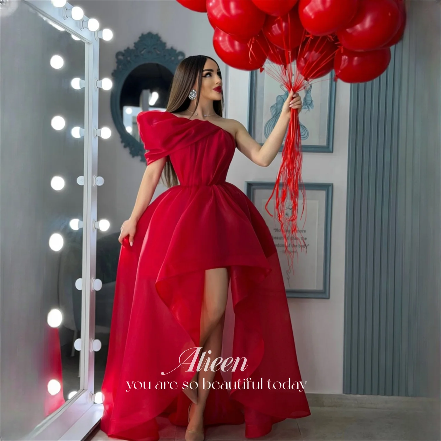 

Вечернее платье A-Line из тафты Aileen с одним плечом, красное, 2026, для выпускного вечера, с коротким рукавом, оборками, для коктейльных вечеринок, элегантное, на заказ
