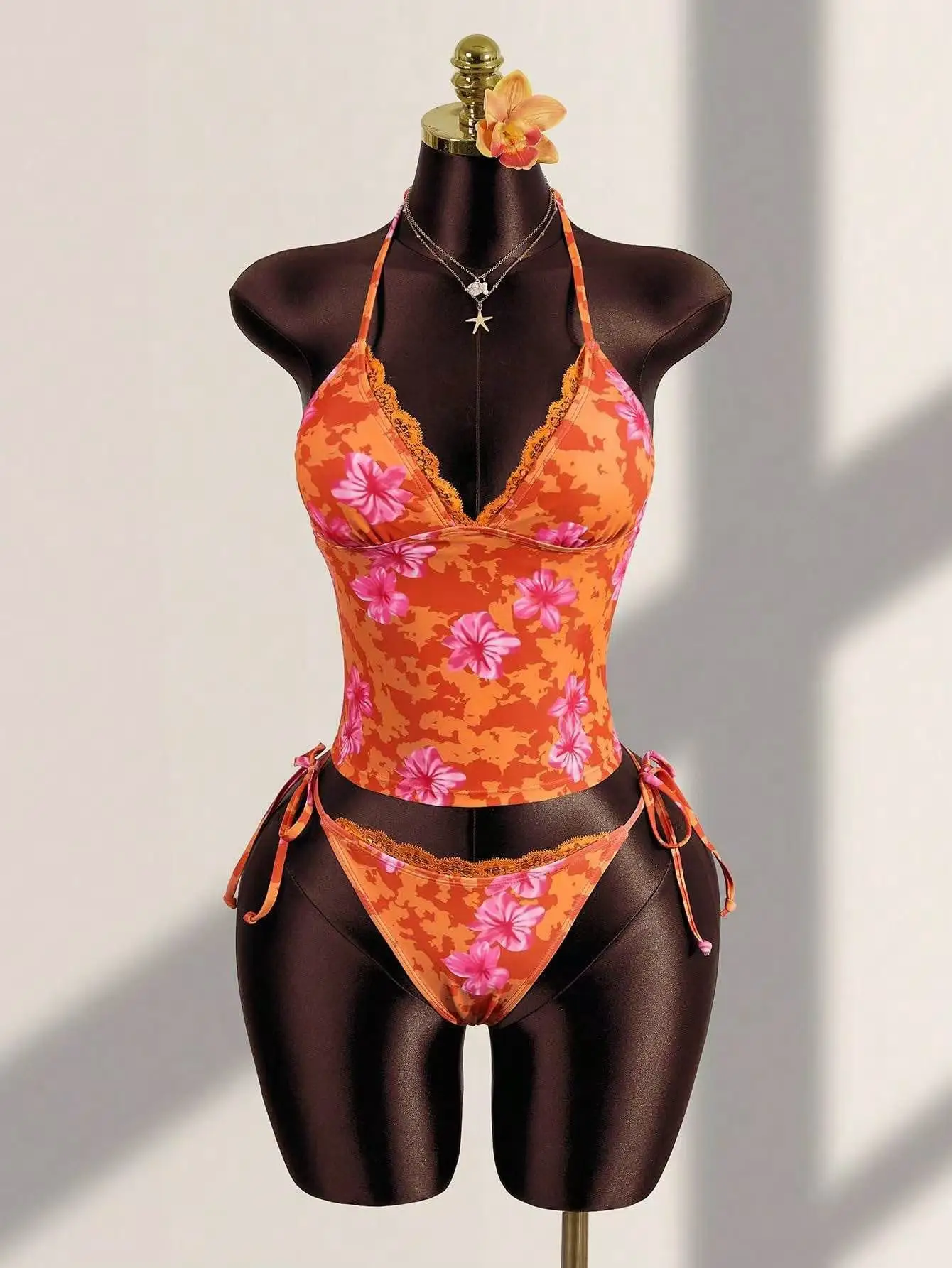Women's Beach Vacation Swimsuit Orange Embellished Tropical Flower Print Lace Trim Halter Neck Tie Side 2 Piece Bikini Set 2026 - Image 2