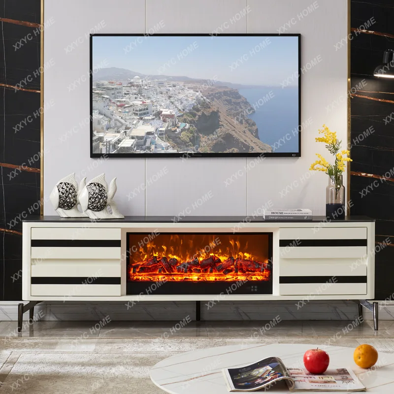 

L2 meters minimalist white fireplace TV cabinet, solid wood simulated fire decorative cabinet, villa rock slab fireplace