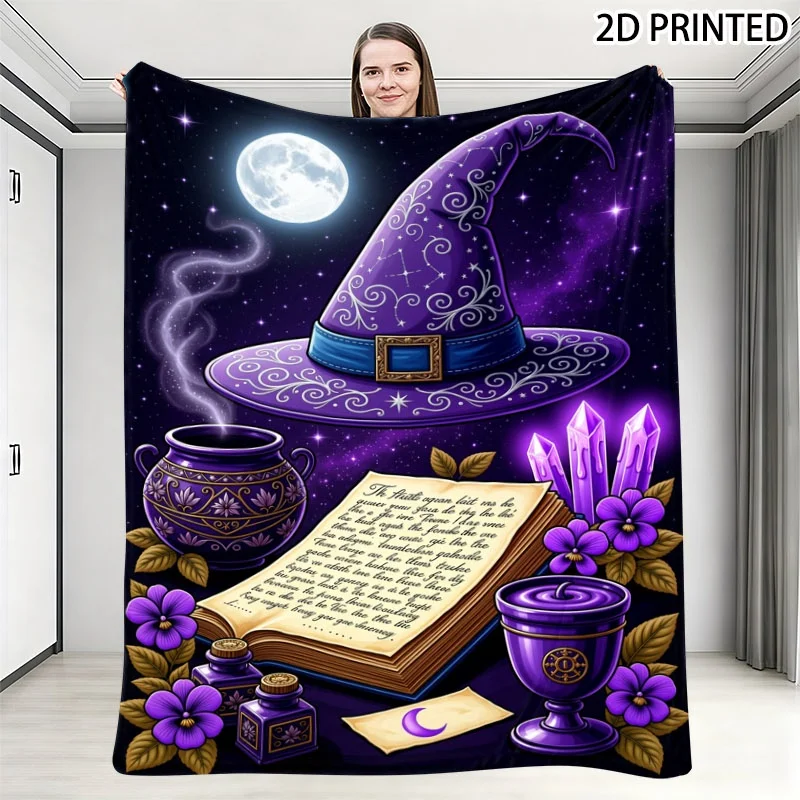 Whimsical Enchanted Halloween Starry Night Print Throw Blanket, Featuring Wizard Hat, Cauldron & Spellbook Patterns, Soft Cozy D
