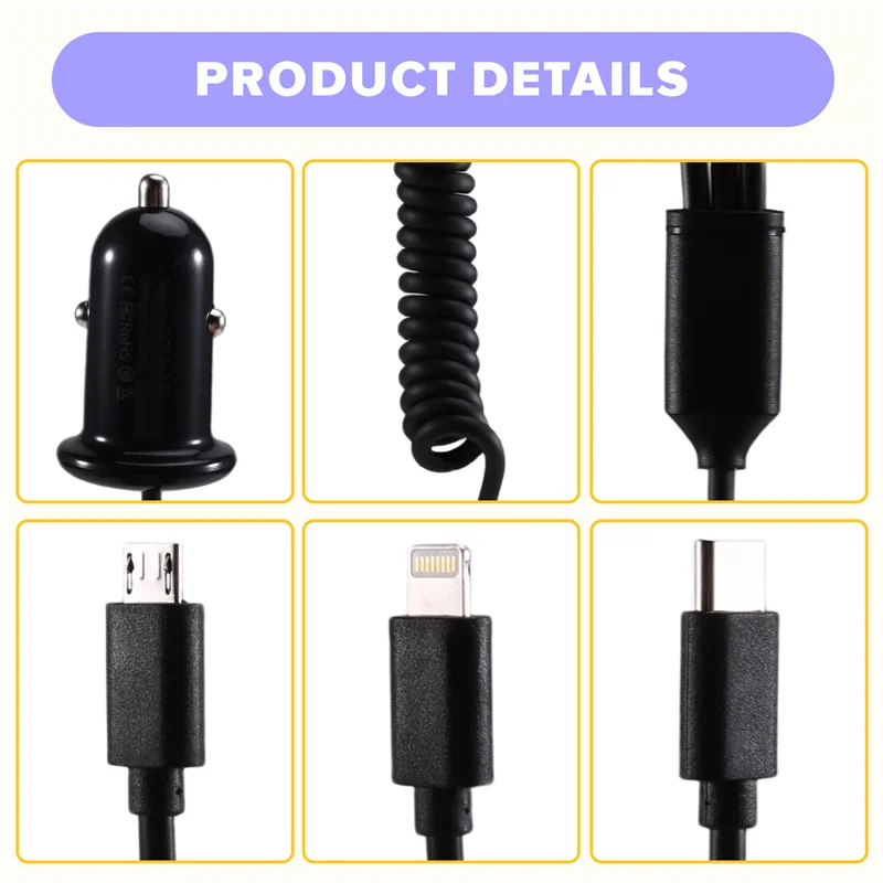 

Car Charger Adapter Accessories 3 Interface Universal Phone Charging For IOS Android Type-C Auto Power Charger
