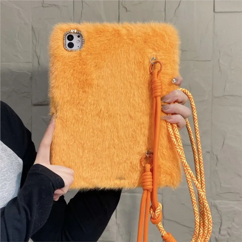 Orange Fluffy Tablet Case With Lanyard & Pen Slot For Samsung Tab A7 Lite/A9/Tad A11 8.7in Tab S6 Lite/A8/Tad A7 10.4/10.5in