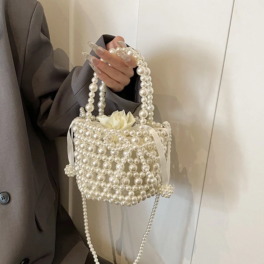 

New Spring Summer Fashion Beaded Woven Bucket Bag Women's Crossbody Bag Elegant Pearl Handbags Casual Daily Shoulder Bags