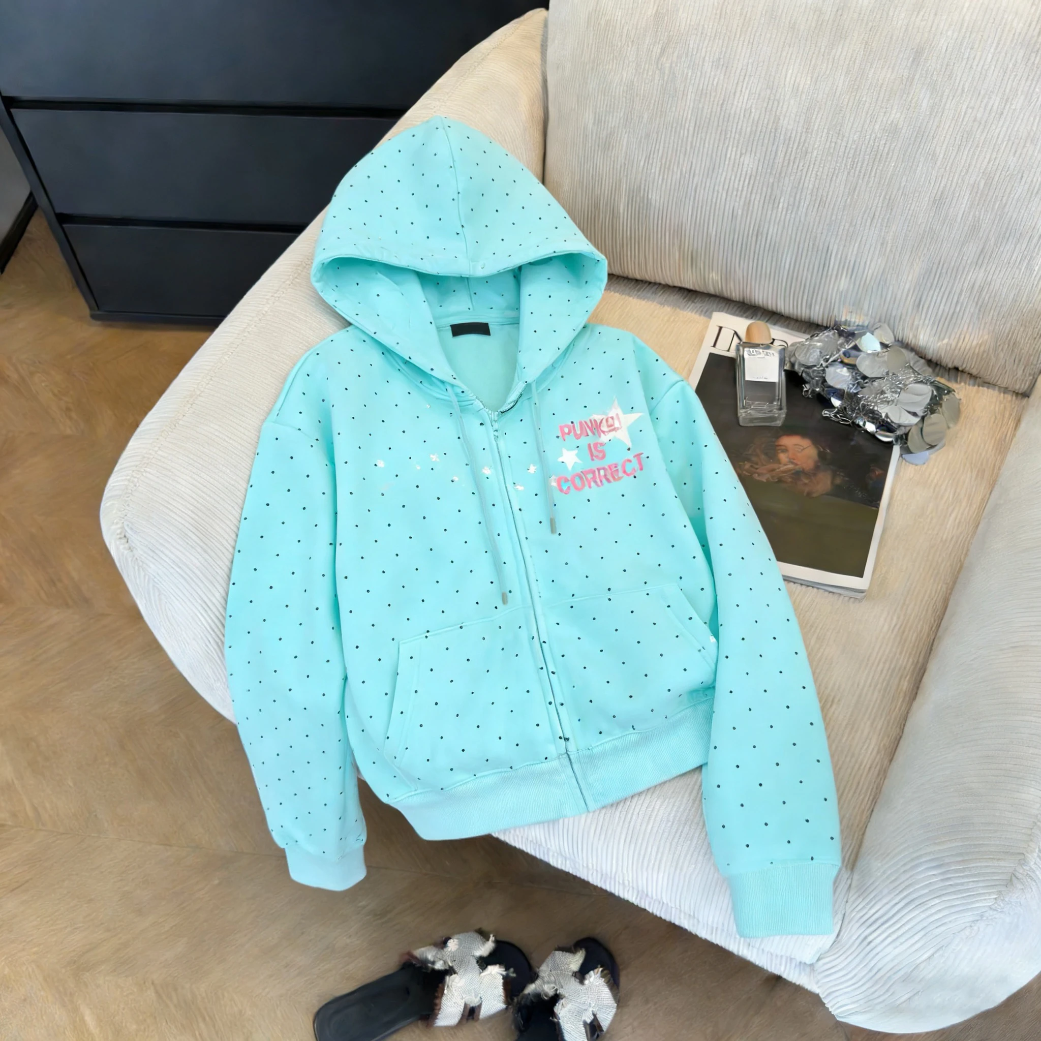 

Модная толстовка с капюшоном в горошек и звездами, весенне-осенняя, свободного кроя, на молнии, повседневная, с длинными рукавами