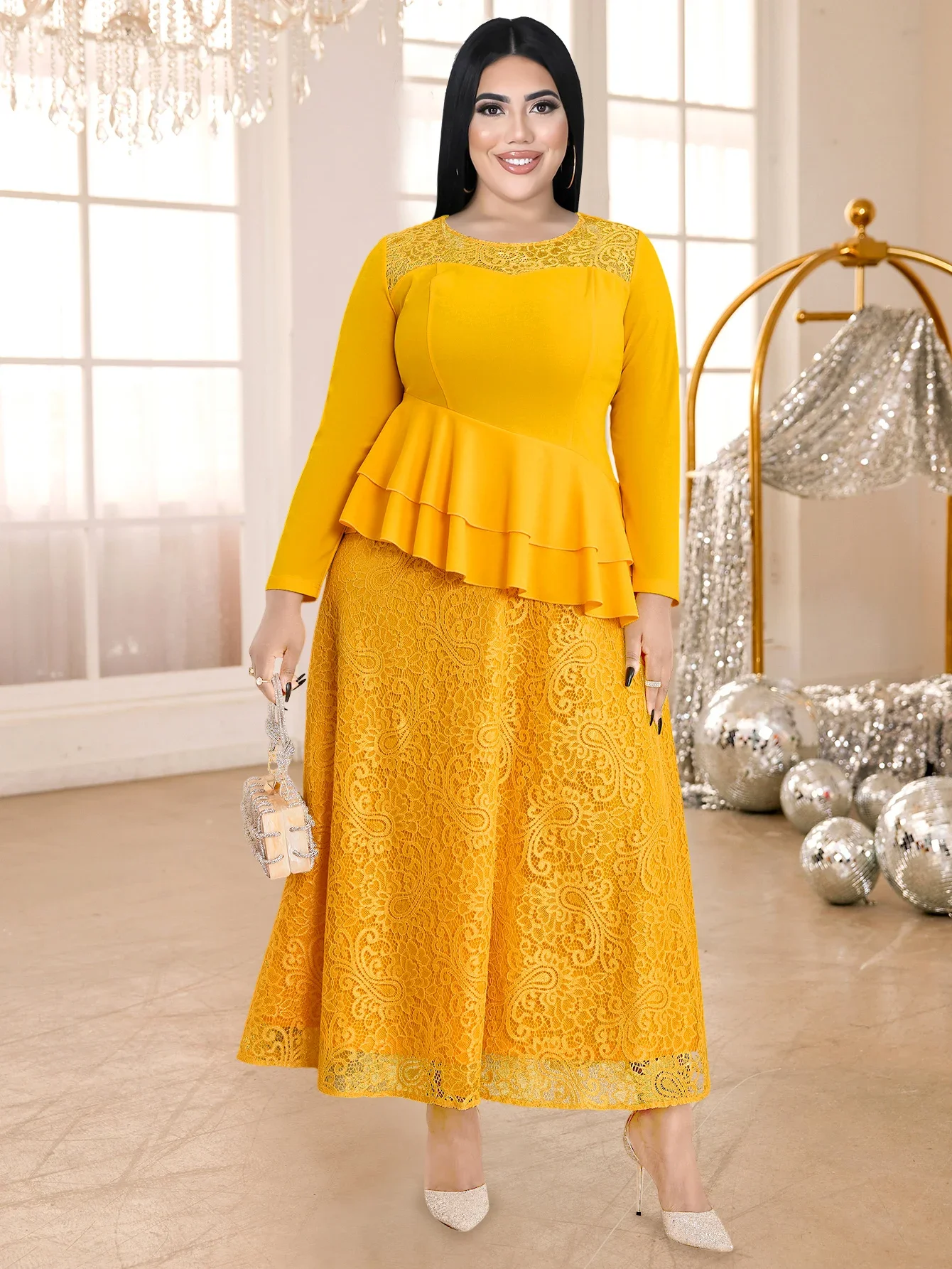 Autumn Women's Yellow Lace Dress Round Neck Long Sleeve High Waist Ruffle Hem Elegant A-line Wedding Evening Gown Plus Size 4XL