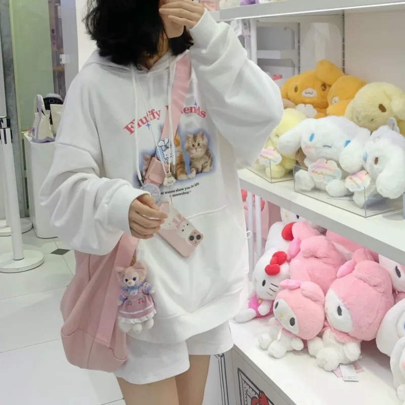 2023 Fall Kawaii Cat Print Hoodies Women Sweet Cute Aesthetic Animal Graphic Hooded Pullover Casual Harajuku Sweatshirts Tops