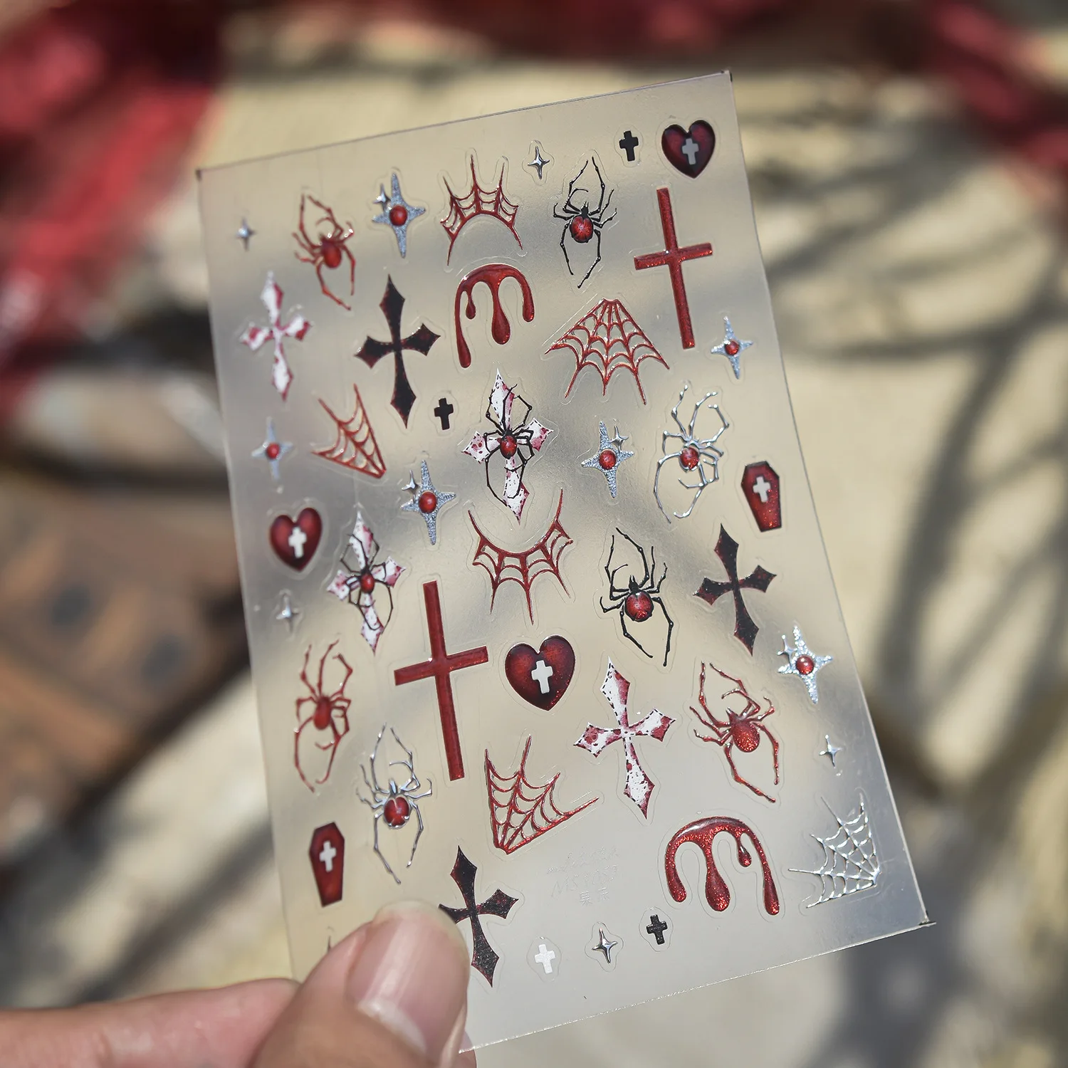 5D Dark Red Cross Spider Blood Streak Cobweb Heart Coffin Devil Horn Star Nail Art Stickers Self Adhesive Gothic Manicure Decal