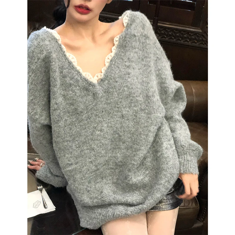 MEXZT Elegant Bow Sweater Women Sexy V Neck Oversized Knitted Pullovers Aesthetic Lace Knitwear Korean Long Sleeve Jumpers New