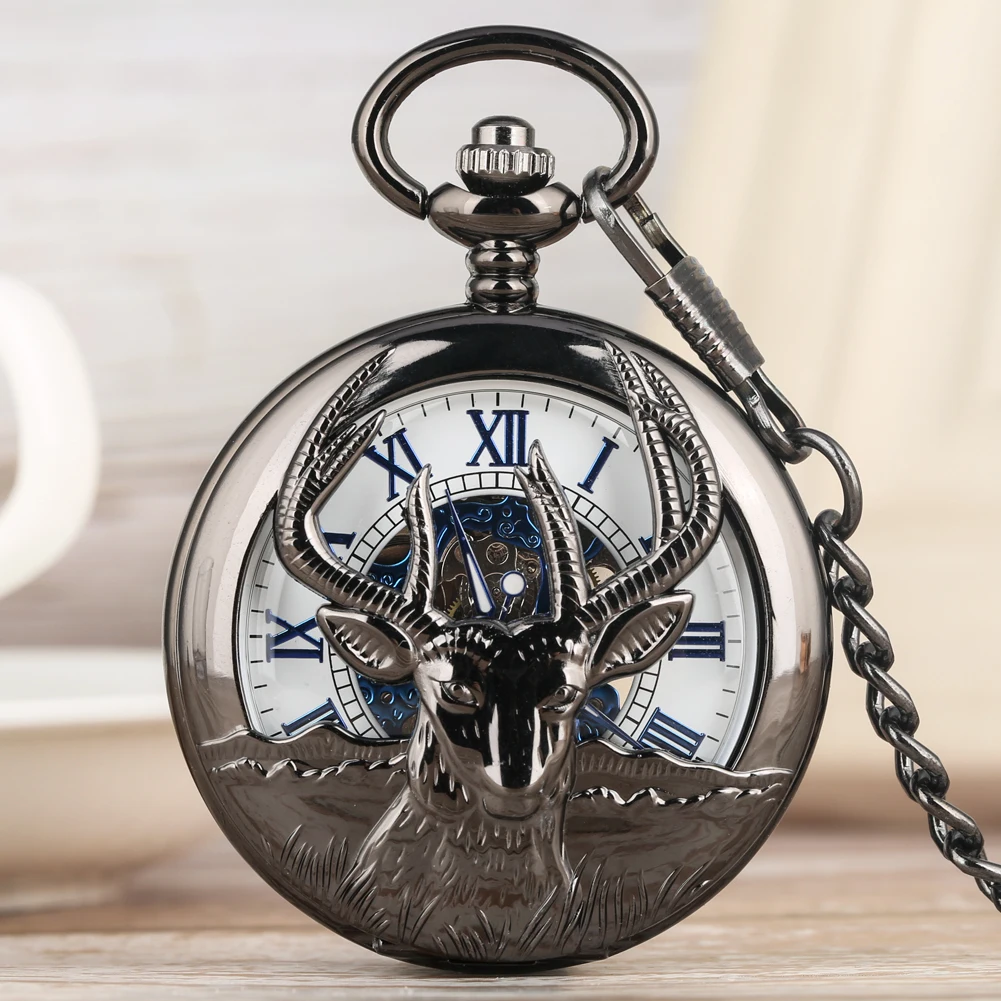 Vintage Reindeer Head Half Hunter Manual Mechanical Pocket Watch Blue Roman Numerals Dial Fob Chain Pendant Clock Christmas Gift