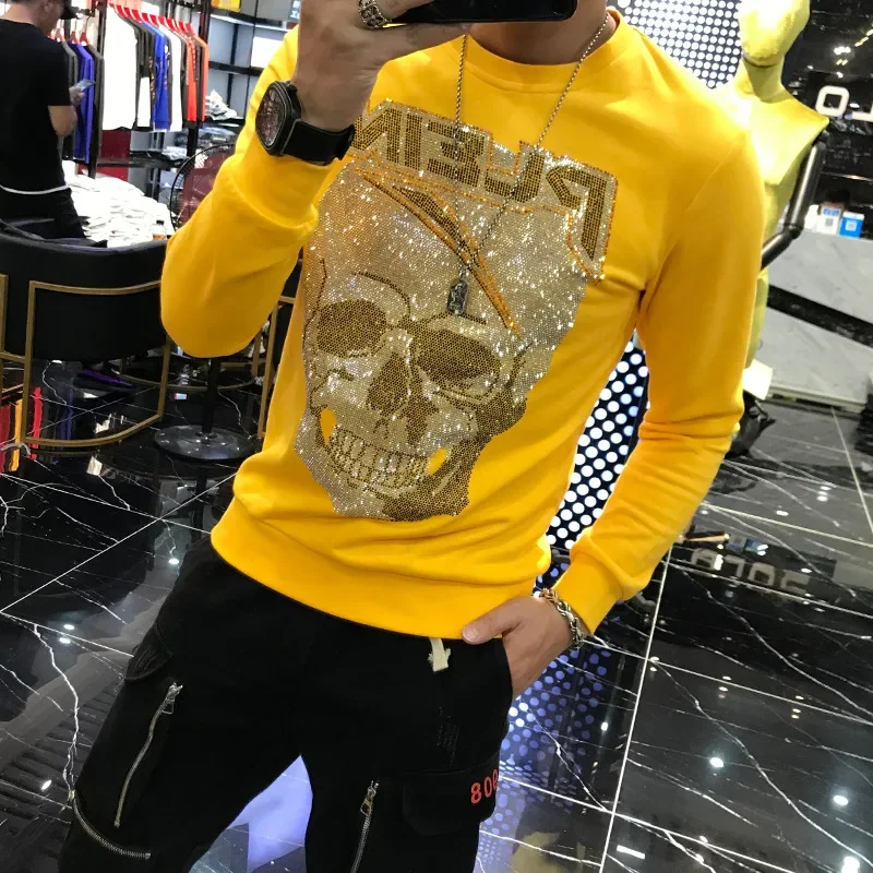 2024 Casual Sweatshirts Rhinestones Skulls Mens Hoodies Fashion Streetwear Autumn Hoodie Men Clothing Sweat Homme Ropa De Hombre