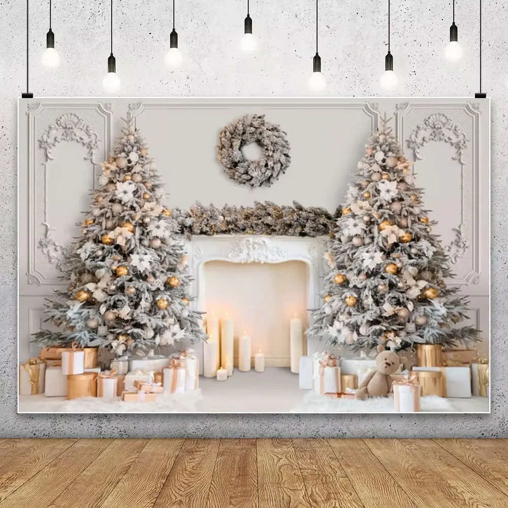 Old Brick Fireplace Christmas Tree Gift Teddy Bear Baby Christmas Party Photo Backdrop Photography Background Photo Prop Decor