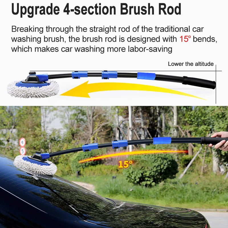 15° Curved Car Cleaning Brush Car Wash Brush Adjustable Four-section Telescopic Long Handle Mop Chenille Broom Detailing Washing