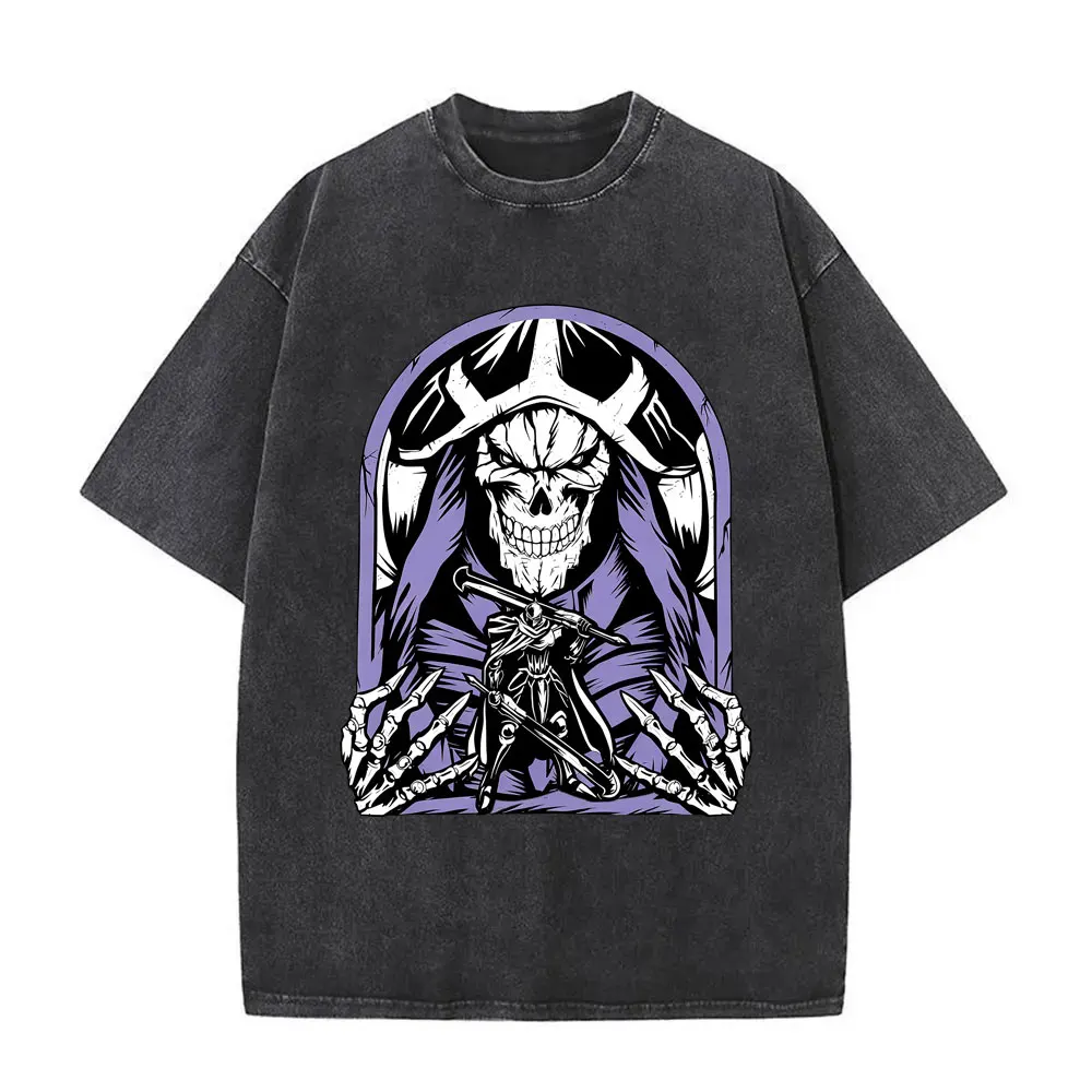 Washed Vintage Anime Overlord Albedo Graphic T-shirt Casual Cotton Tshirt Male Retro Manga Harajuku T
