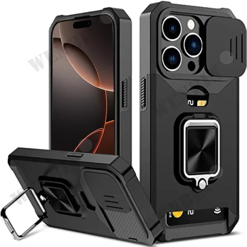 Case For iPhone 16 15 14 13 12 11 Pro Max Plus XR X XS 7 8 Heavy Duty Protection With Sliding Camera Cover And Card Clip Cover