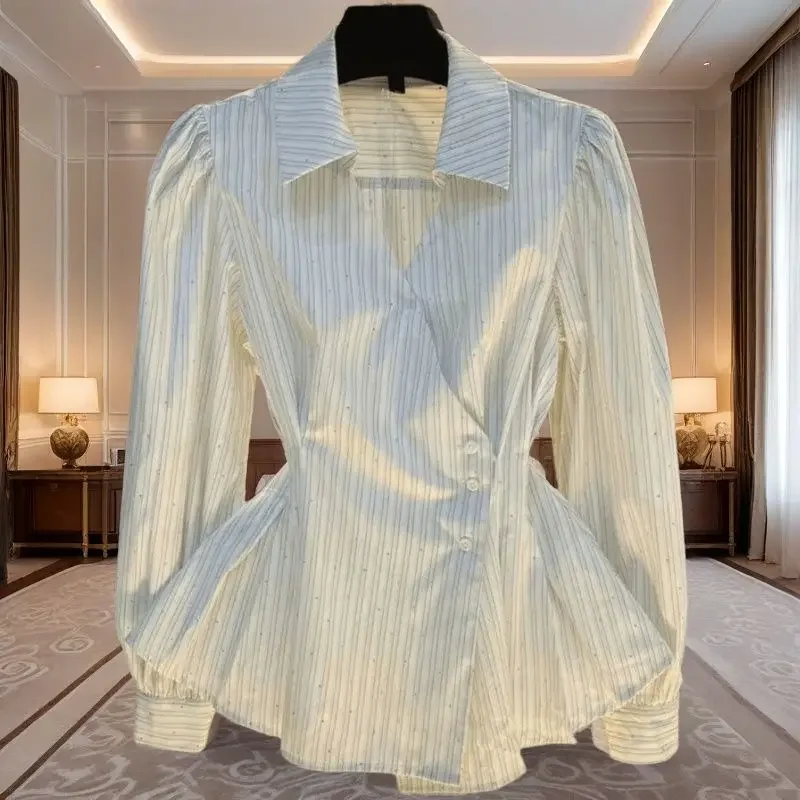 

French Polo Collar Striped Long Sleeved Shirt for Women New High-end Style with a Cinched Waist and Elegant Skirt Top XQ658