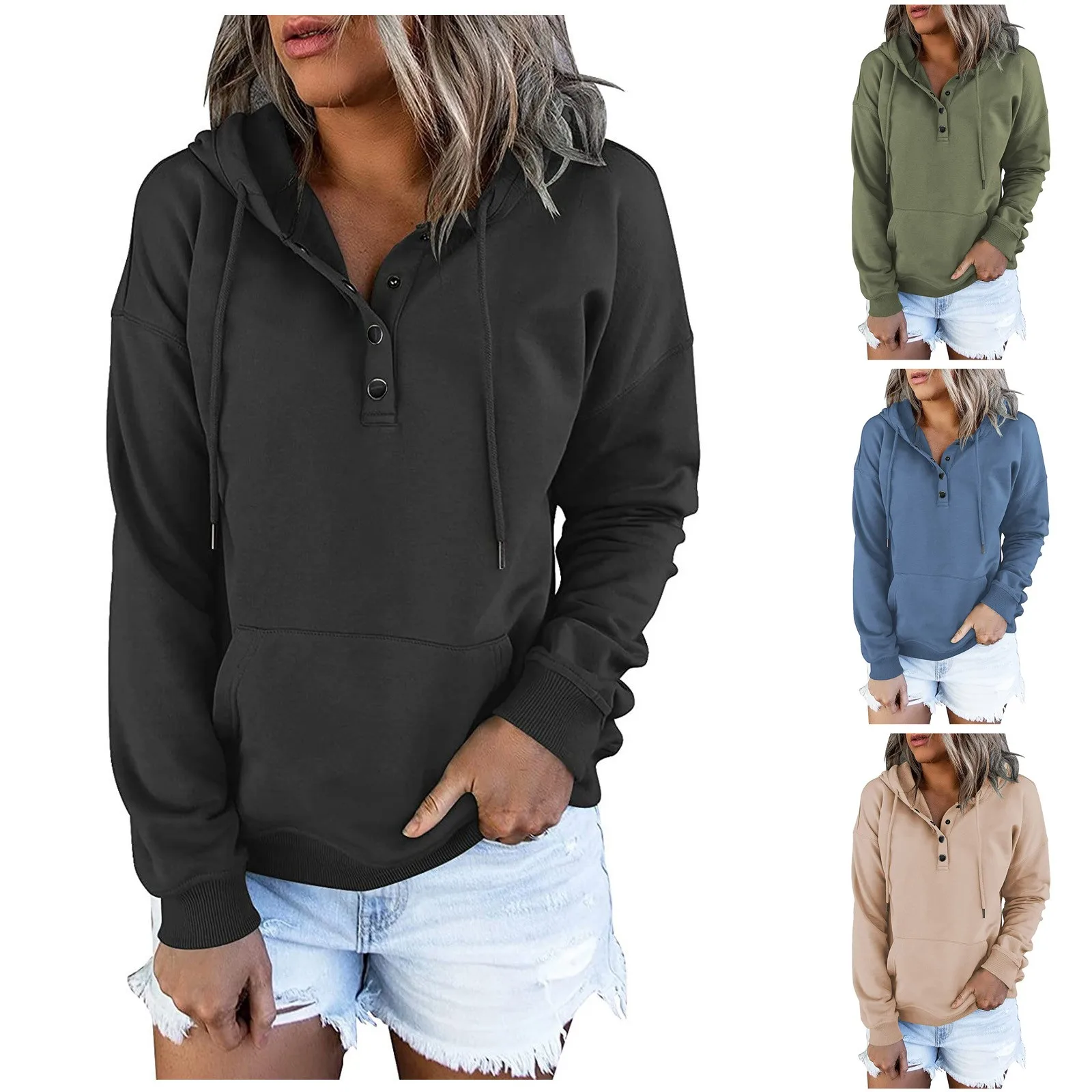 2023 New Winter Women's Hoodie Sweater Pullover Fashion Women's Button Neck Japanese Solid Top Personality Sweatshirt Women