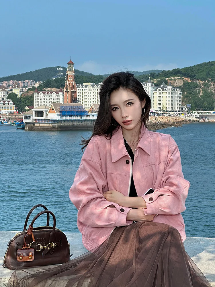 

Zq женская замшевая куртка в стиле ретро розового цвета, свободная верхняя одежда, осеннее новое повседневное шикарное женское пальто, модное модное