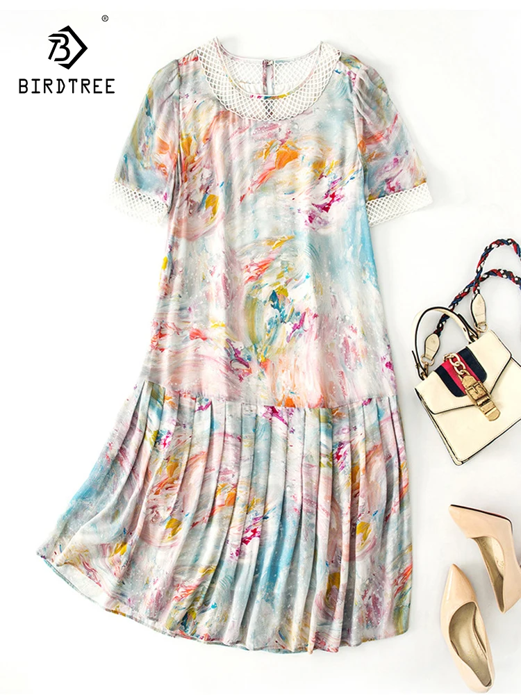 

Birdtree 100%Mulberry Silk Hollow Out Printed Pleated Dress 2023 Summer Women's O Neck Short Sleeve Commuting Dress D38807QC