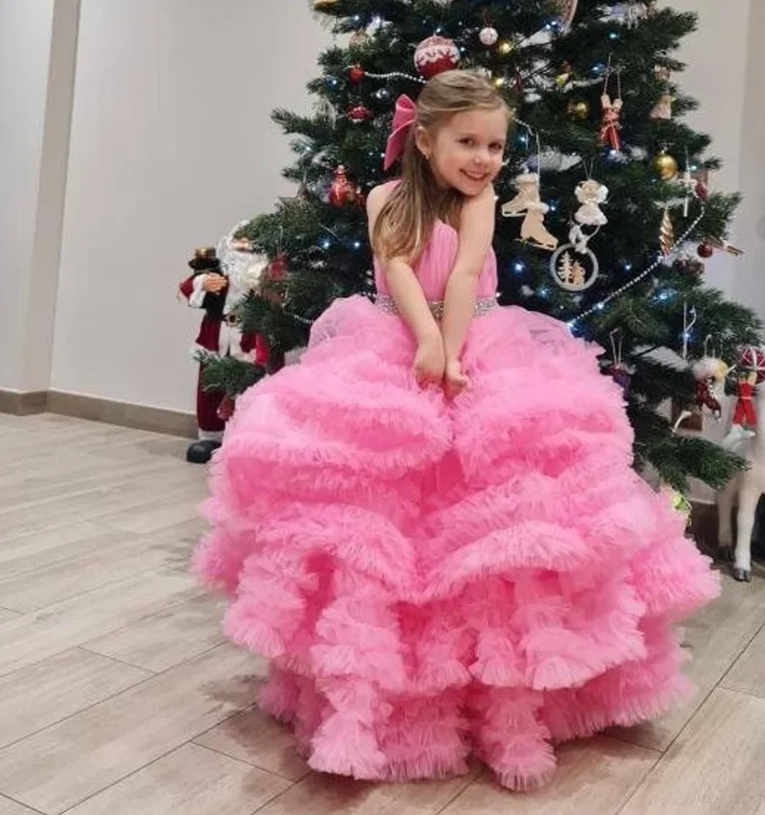 

Hot Pink Puffy Flower Girl Dress For Wedding Tulle One Shoulder Princess Birthday Evening Party Gowns Custom Made Size