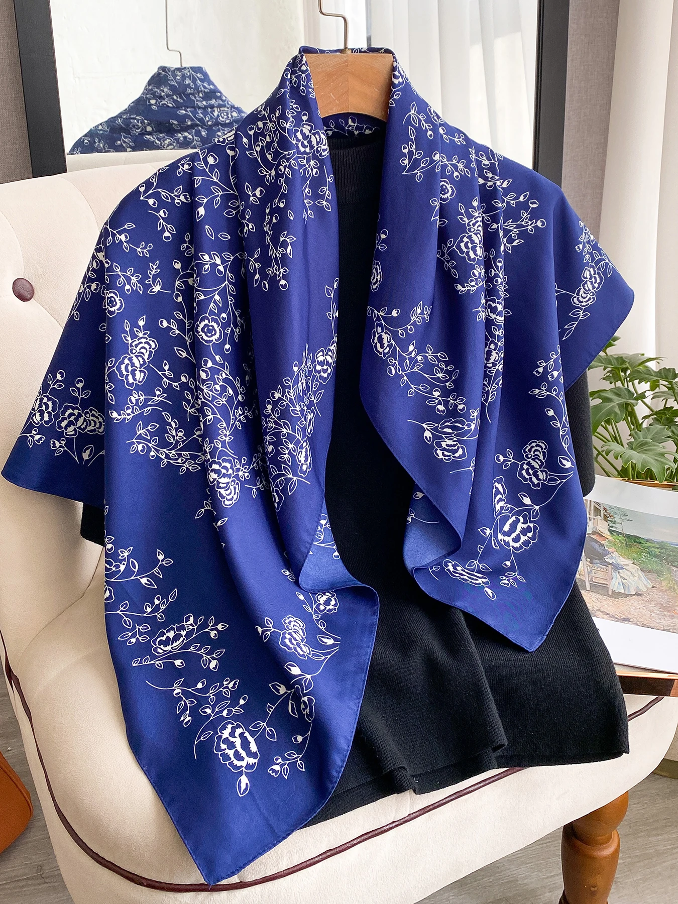 Tuschmalerei Seidenschal 90cm Twill-Schals Großer Quadratischer Sonnenschutz-Schal Kopftuch für Frauen Hijab Luxus Bufanda Foulard