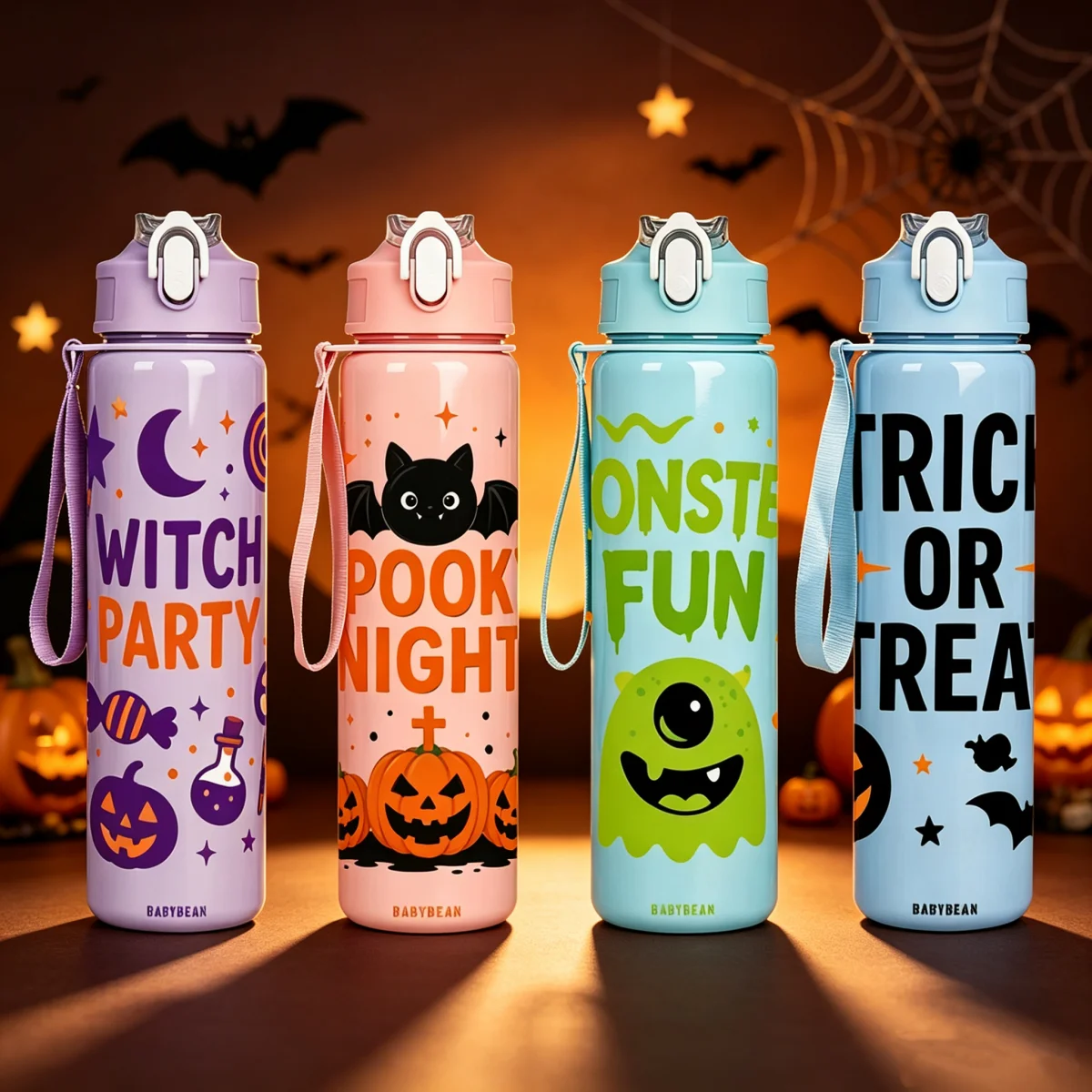 Outdoor Kid Friendly - Botol Air Plastik Bergambar Halloween, Tutup
