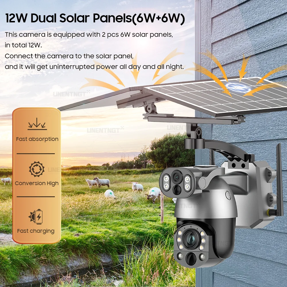 UNENTGT 4k vista de doble lente 50X Zoom óptico batería Solar cámara PTZ 10MP tarjeta SIM exterior Wifi CCTV Solaire cámara de vigilancia