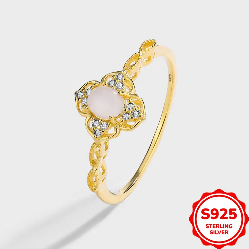 Exquisite Geometric Genuine S925 Silver Four-leaf Flower Hollow Women's Ring