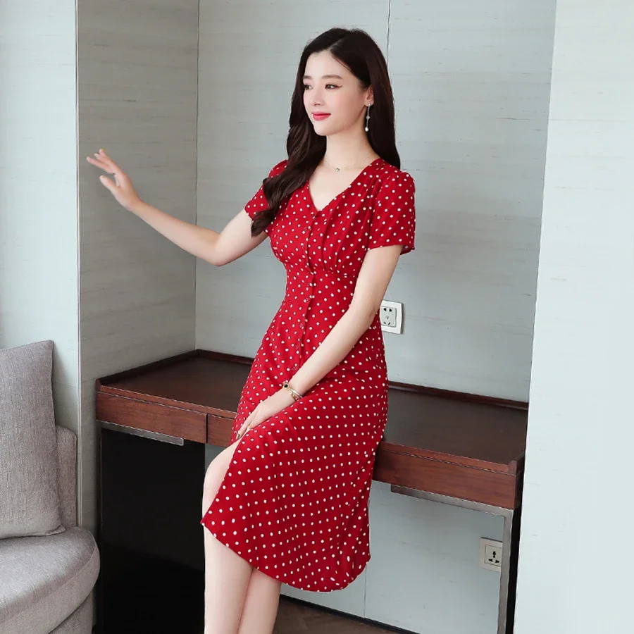 Summer Vintage Chiffon con scollo a v Sexy Midi Shirt Dress 2024 donne coreane elegante Dot Bodycon Boho Beach Sundress Party Red Vestidos