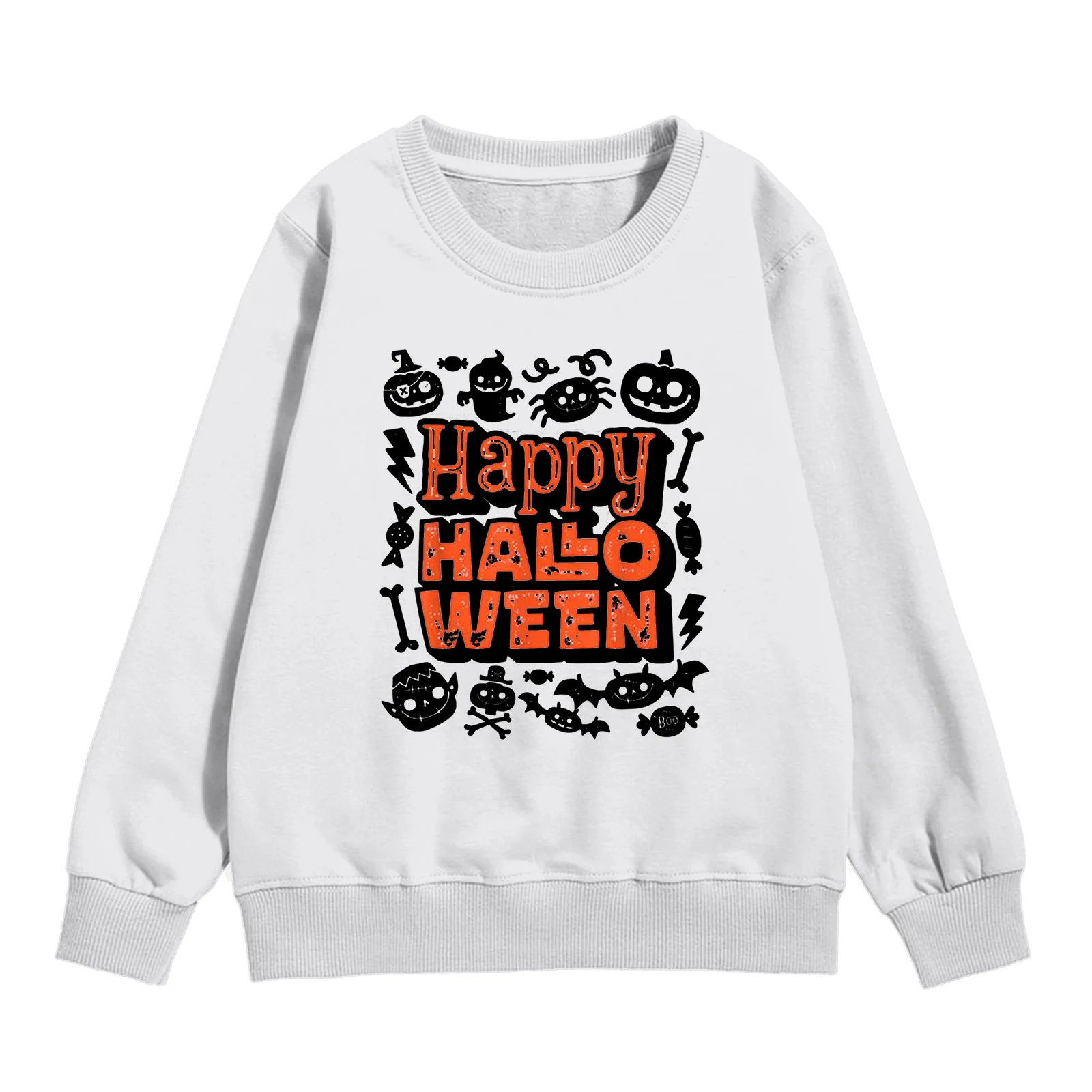 Kids Happy Halloween Pumpkin Spider Ghost Print Sweatshirt Boys Girls Crew Neck Long‑Sleeve Pullover Children Holiday Casual Top