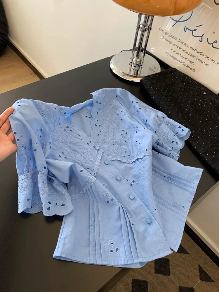 

Ele Hollow out Embroidery V-Ne Bubble ort Sve irt Women's Summer Thin Cotton Knitted Sweet Sle Loose Fit irt