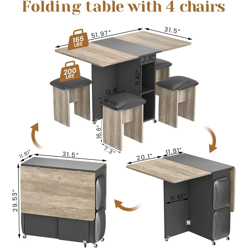 Ensemble de table à manger pliante pour 4 personnes, table queen avec 4 chaises et étagères en cuir, table à manger pliable peu encombrante avec 6 roues