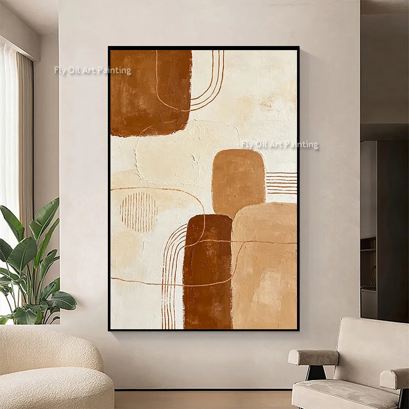 Boho Earth Tone Thick Texture Abstract Canvas Art Handmade Geometric Oil Painting New Minimalism Design Wall Art For Room