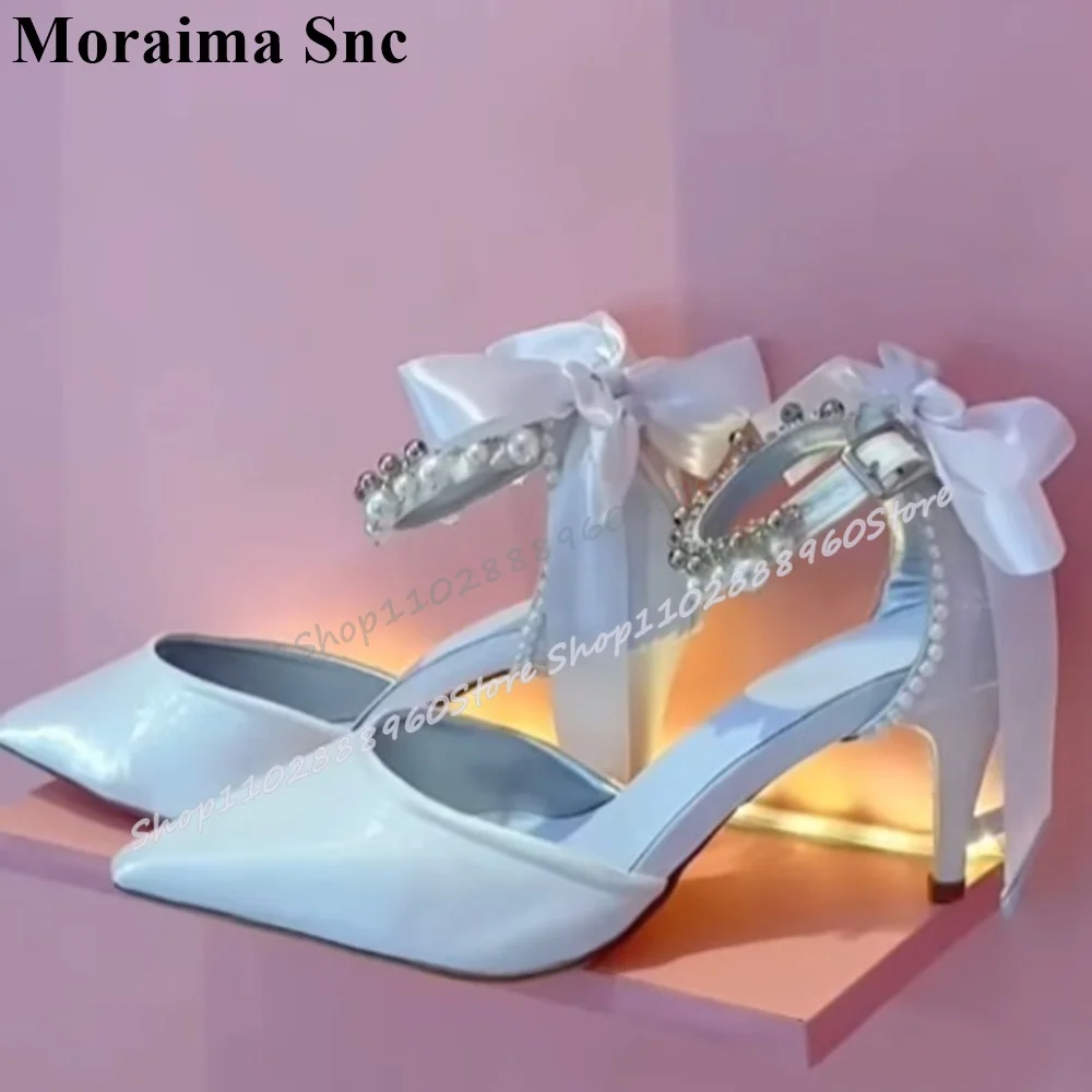 

White Leather Pearl Pointy Knot Wedding Sandals Stilettos High Heel Women Shoes Ankle Buckle Strap Pointed Toe Elegant Sandals