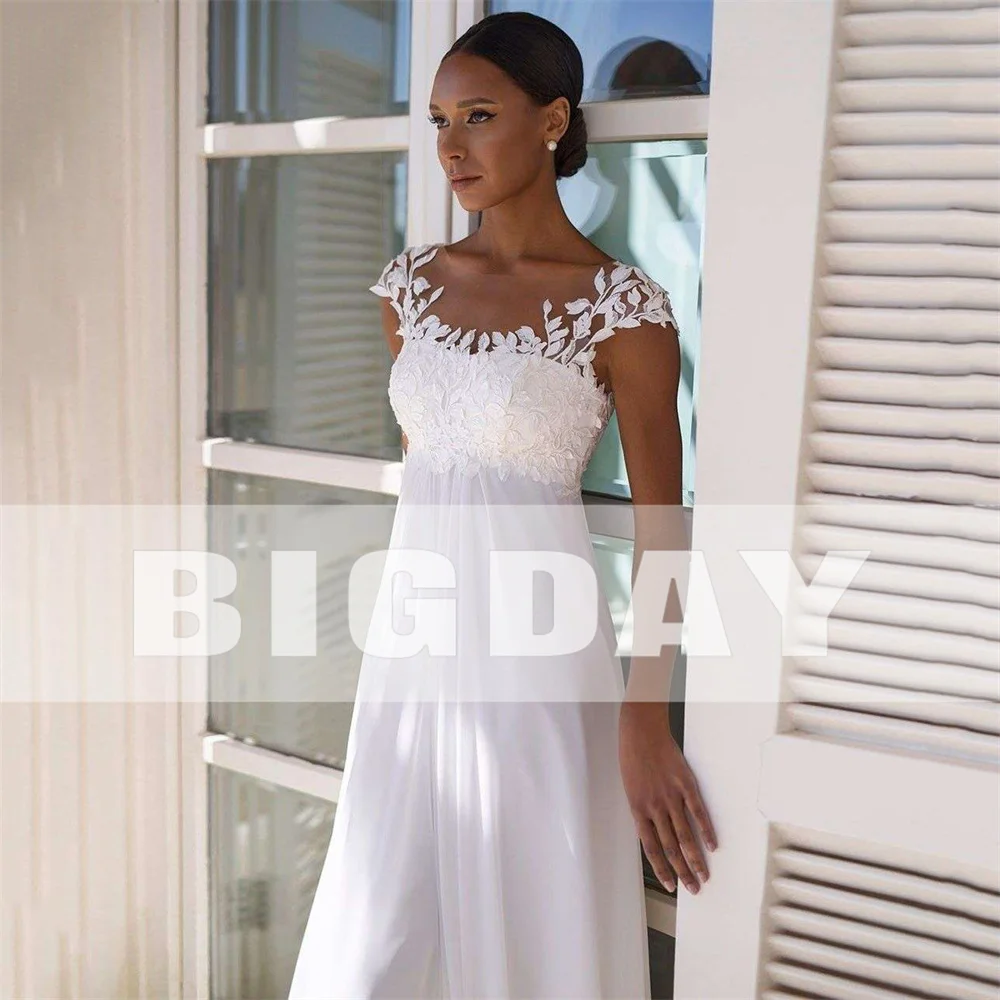 Elegante abito da sposa a-line donna pizzo impero Cap Sleeve Illusion Back o-collo Tulle abiti da sposa Sweep Train Vestidos De Noiva