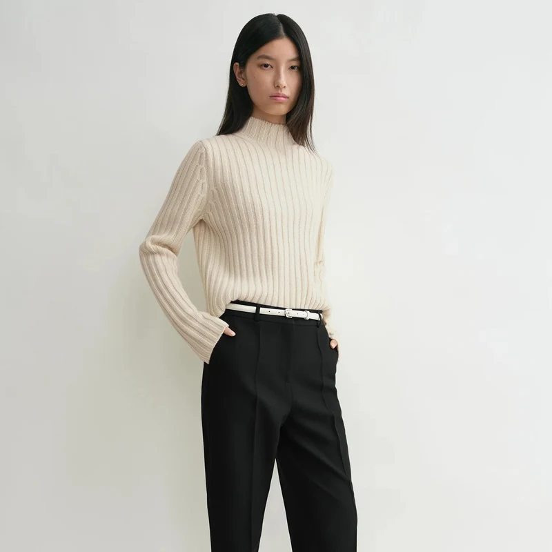 

Slim Fit f High Collar Wool Camere Ribbed Knit Sweater Commute Sle Versatile Ele Knitted Top for Women Long Sve