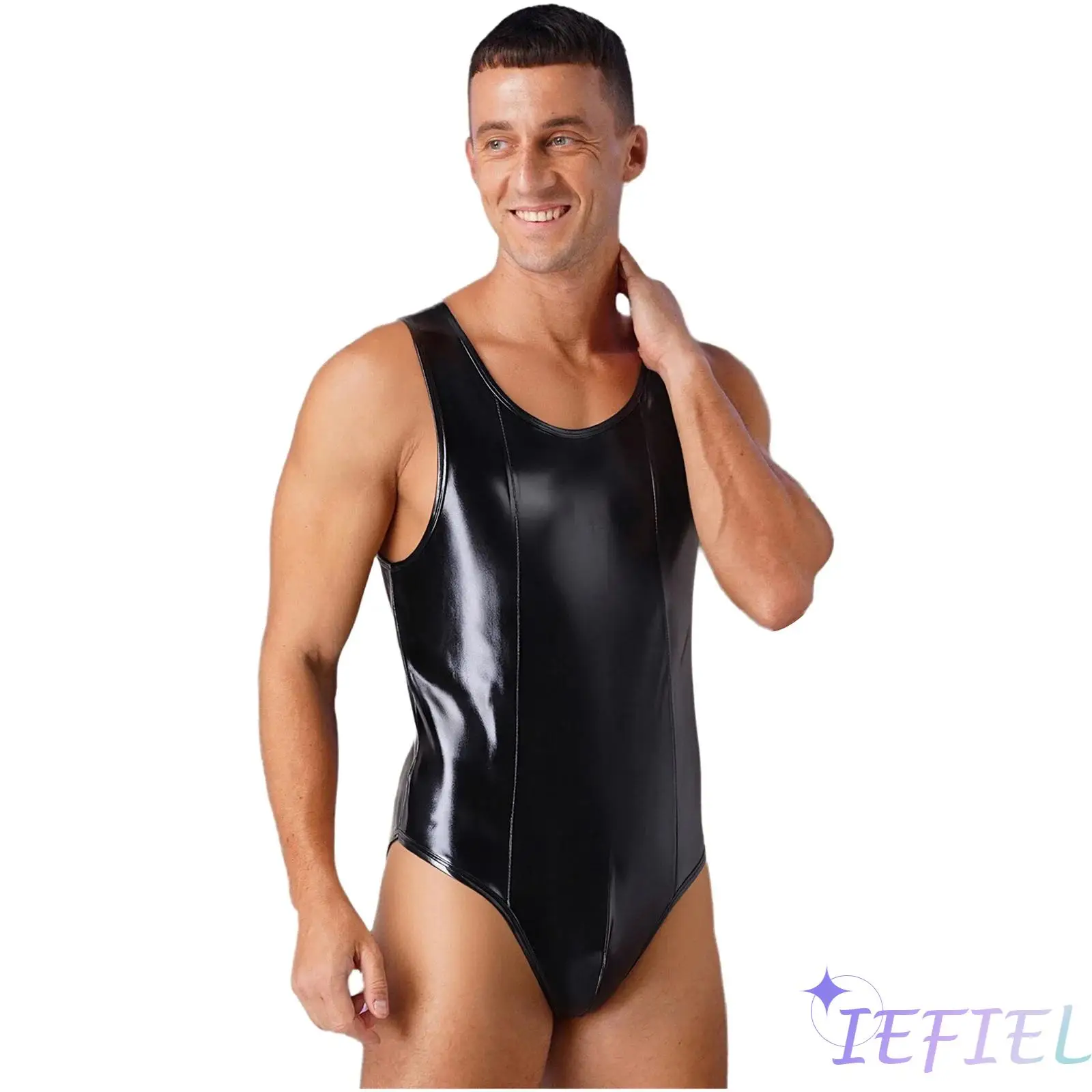

Мужской глянцевый острый купальник без рукавов с выпуклой сумкой на молнии сзади цельный комбинезон-купальник для ночного клуба, йоги, рейвса, клубная одежда
