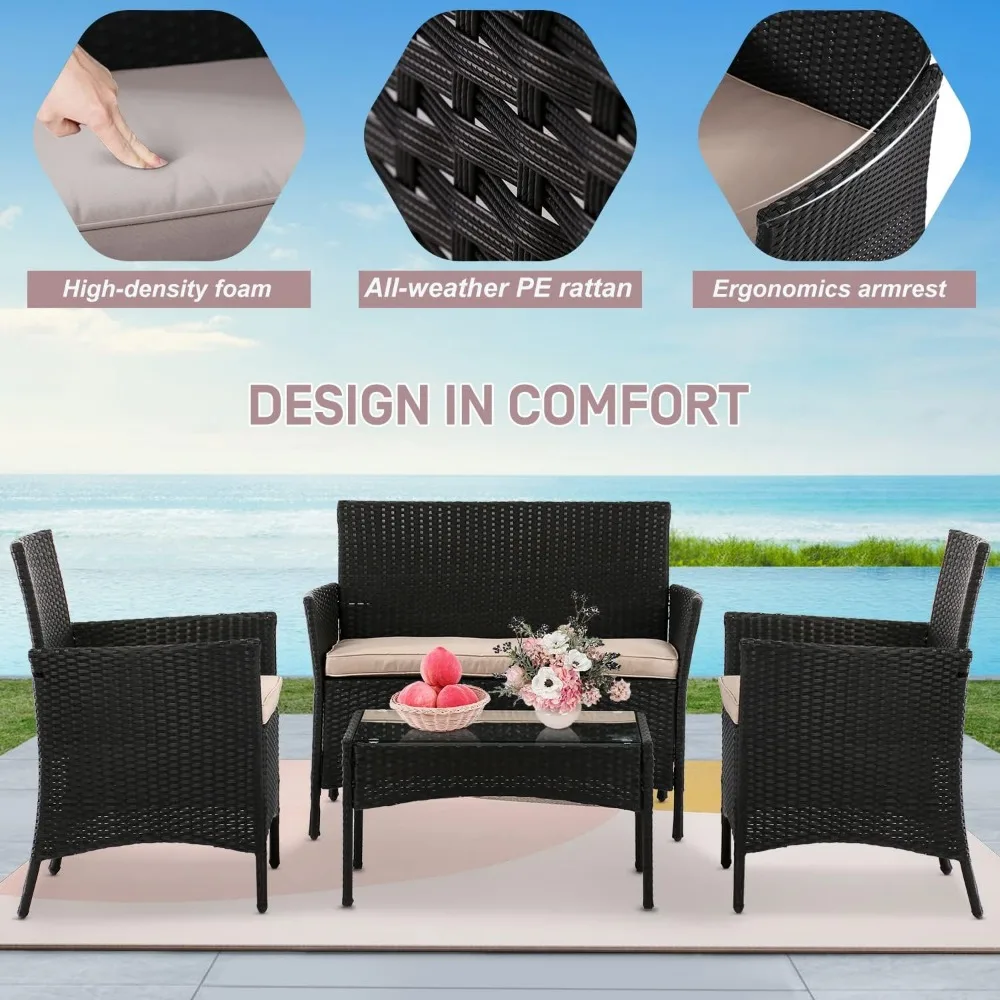 Terrasmeubilair Set Conversatiestoelen, 4 Stuks Rieten Patio Set Buiten Terras Zitplaatsen Rotan Sofa Met Tafel Voor Balcon