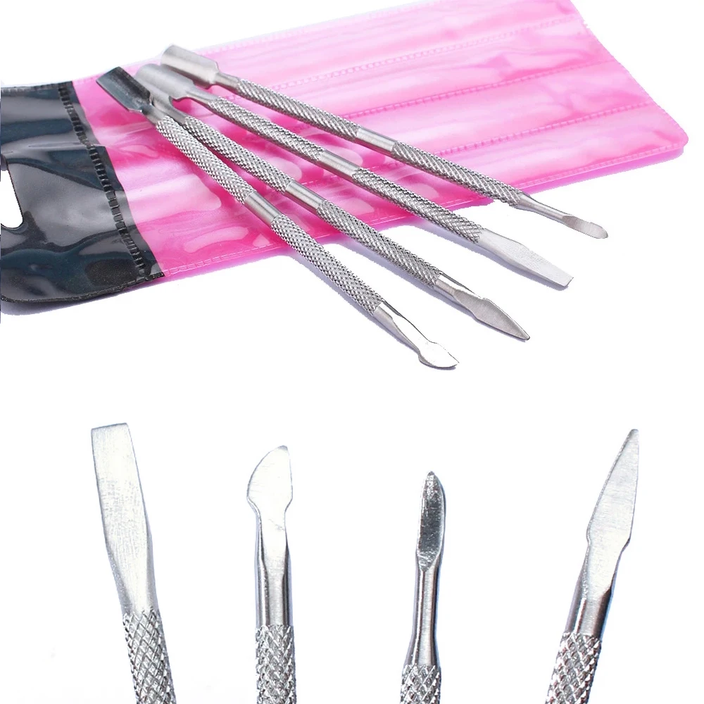 Poussoir à ongles à double tête en acier inoxydable pour manucure et pédicure, poussoir à ongles, art de la peau, dissolvant de fréquence, outils, ensemble de 4 pièces