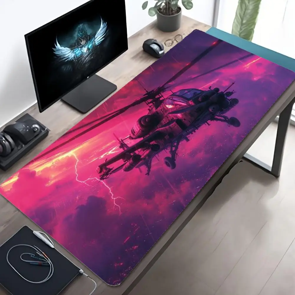 Large Gaming Mouse Pad XXL Apache Helicopter Deskmat Non-slip Mouse Mat Lightning Storm Sky Military Aircraft Keyboard Pad