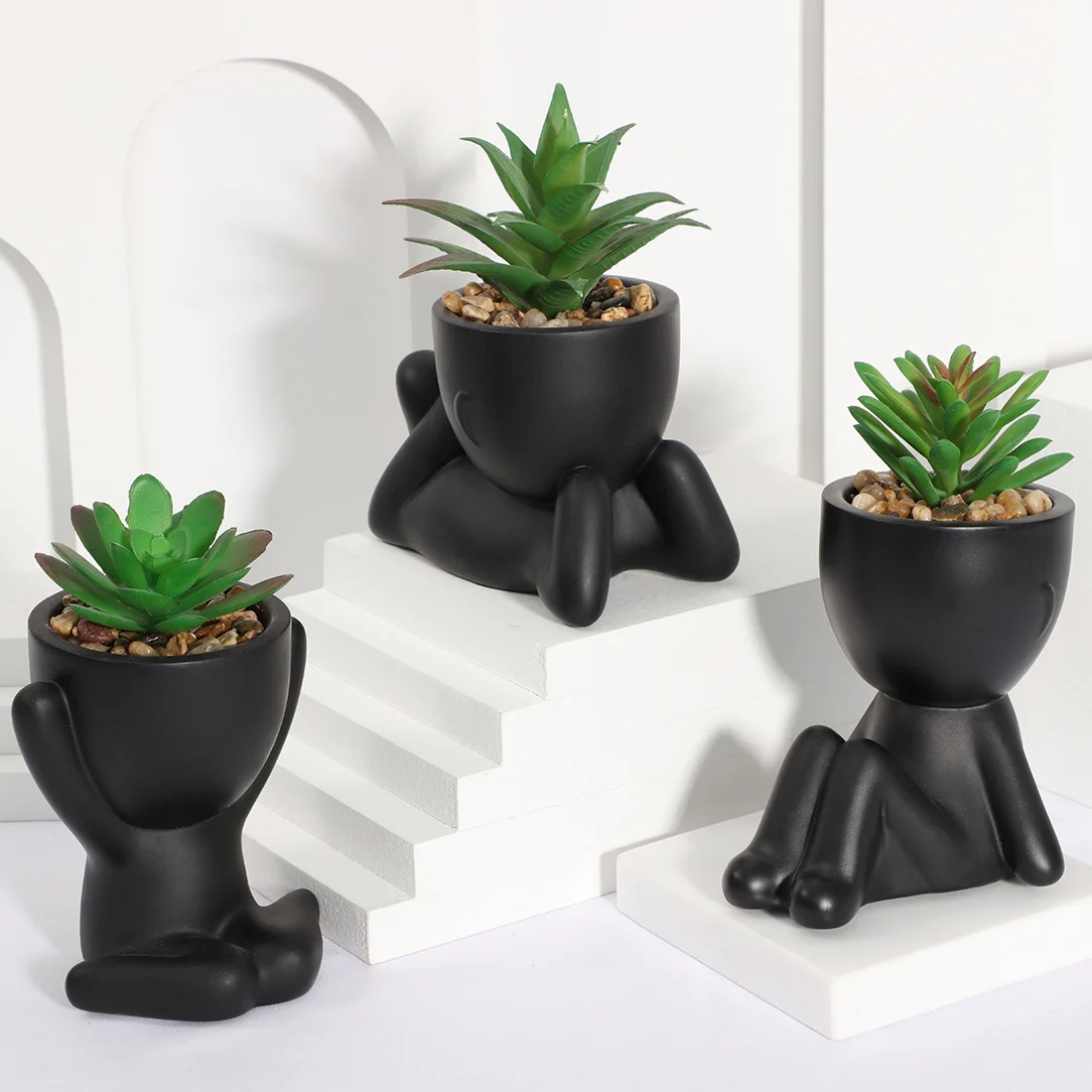 3pcs/set Artificial Aloe Vera Succulent Cartoon Pot Plant Fake Succulent Black PE Material Artificial Plants Home Decoration