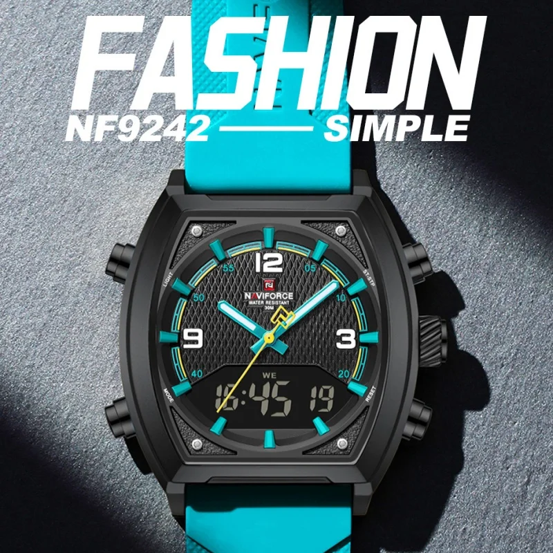 NAVIFORCE Men Sports Quartz Watch Dual Display 3ATM Waterproof Luminous Hands Silicone Strap Casual Wristwatch Gifts Box