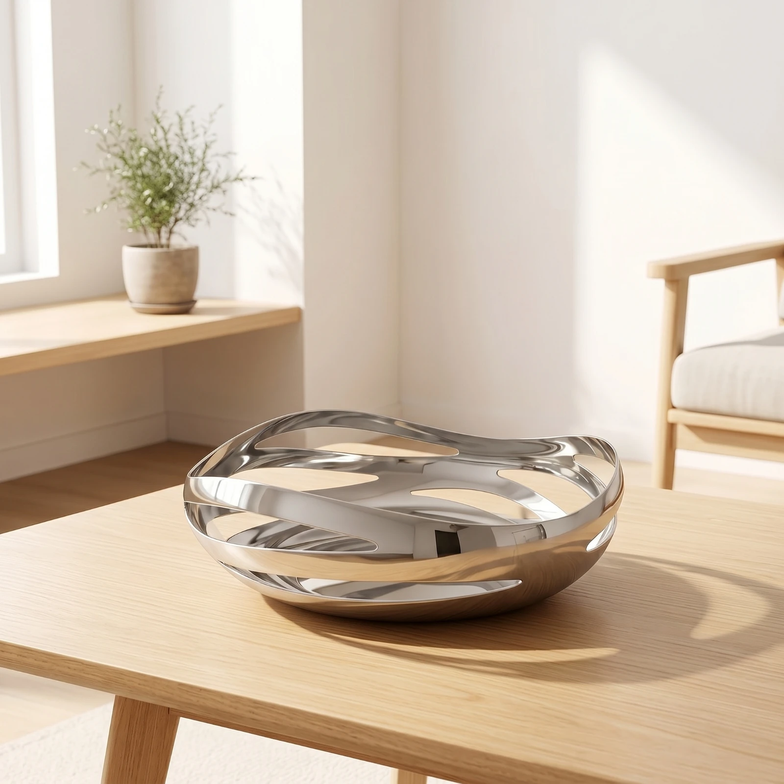 Stainless Steel Fruit Bowl Reflective Bowl with Hollow Design Vessel Low-Silhouette Multifunctional for Dining Table, Kitchen