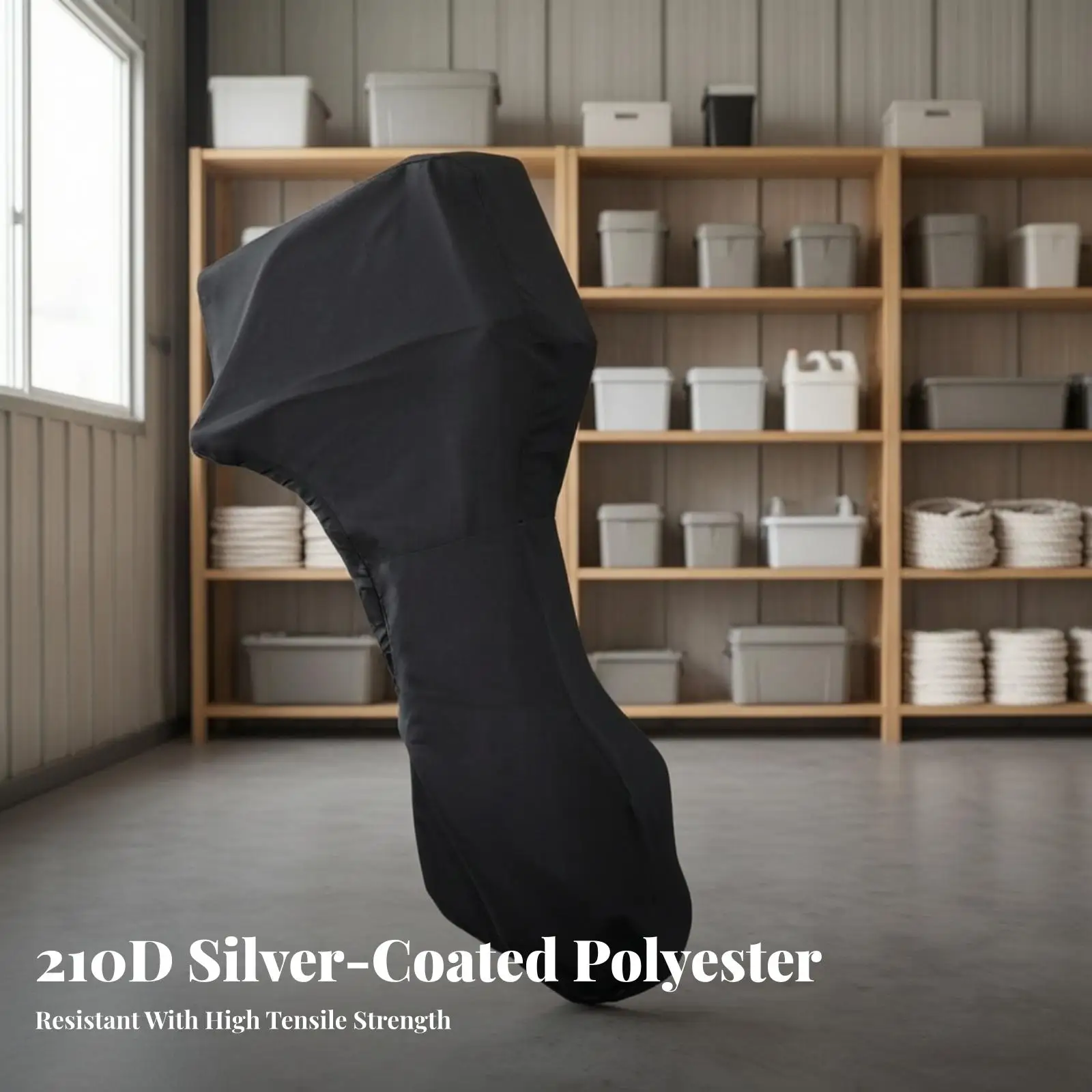 Outboard Motor Cover for Boat Engine 210D Silver Coated Polyester Weatherproof with Drawstring and Matching Pouch