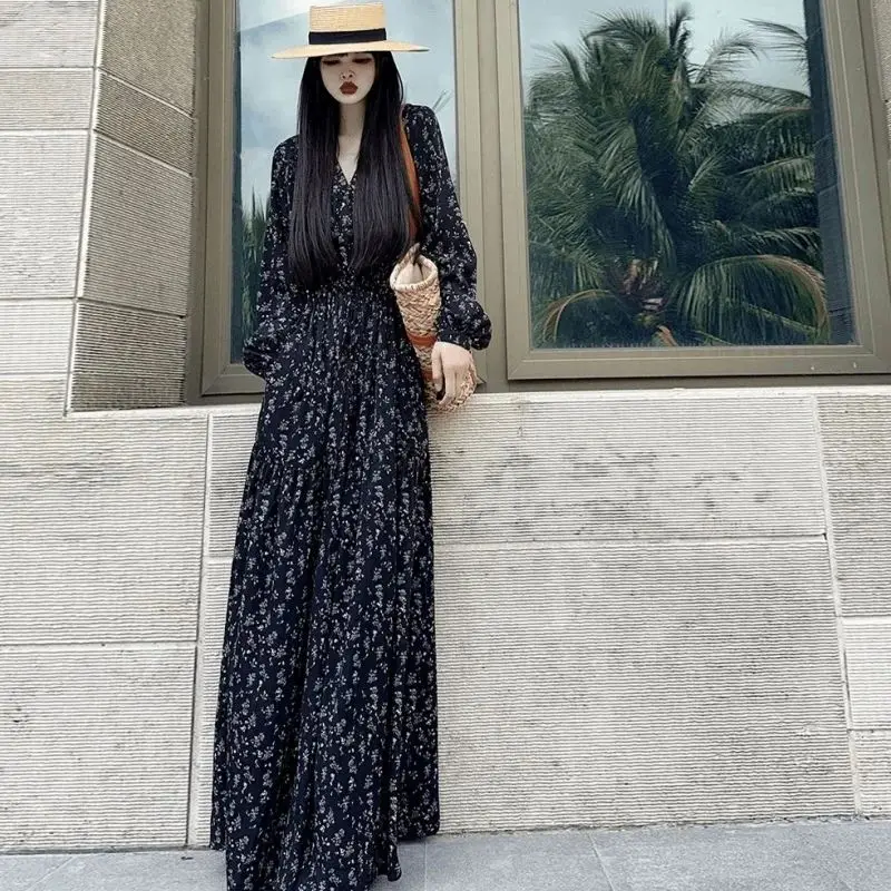French Style Floral Print Dress Women Autumn Spring Long Sleeve High Waist V-Neck Long Dresses Casual Black Y2k Clothes