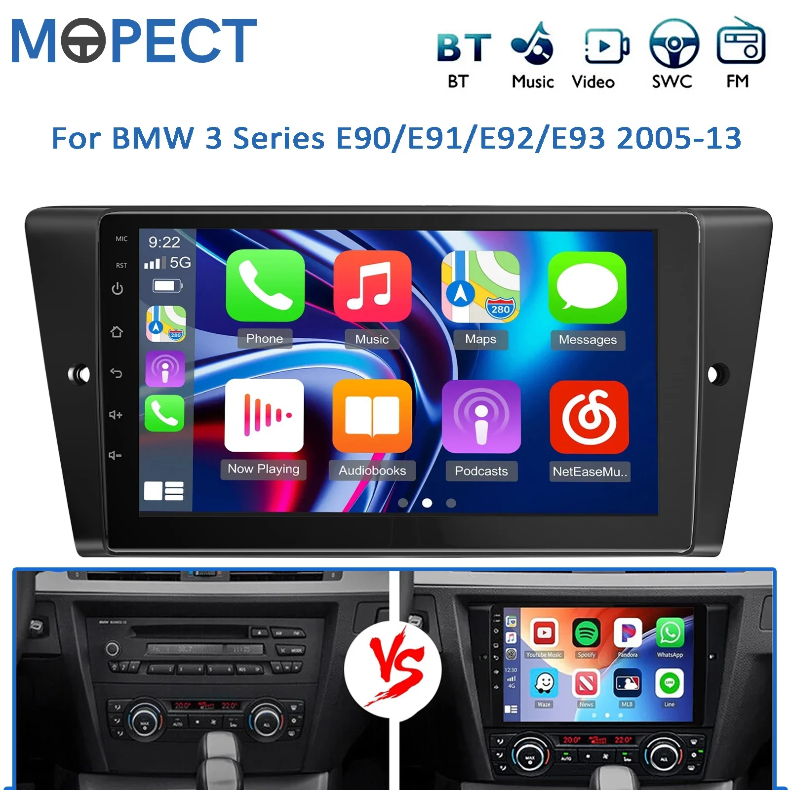 MOPECT Car Stereo for BMW 3 Series E90 E91 E92 E93 2005-2012, Android 15, 4GB+64GB CarPlay, GPS Navigation, Wi-Fi, Bluetooth, Steering Wheel Control, Touchscreen, + AHD Backup Camera