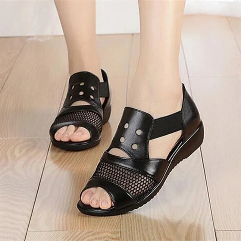 Women Leather Shoes Low Heel Fashion Wedge Sandals for Women Peep Toe Casuales Comfy Summer Shoes New Skidproof Femmes Sandales