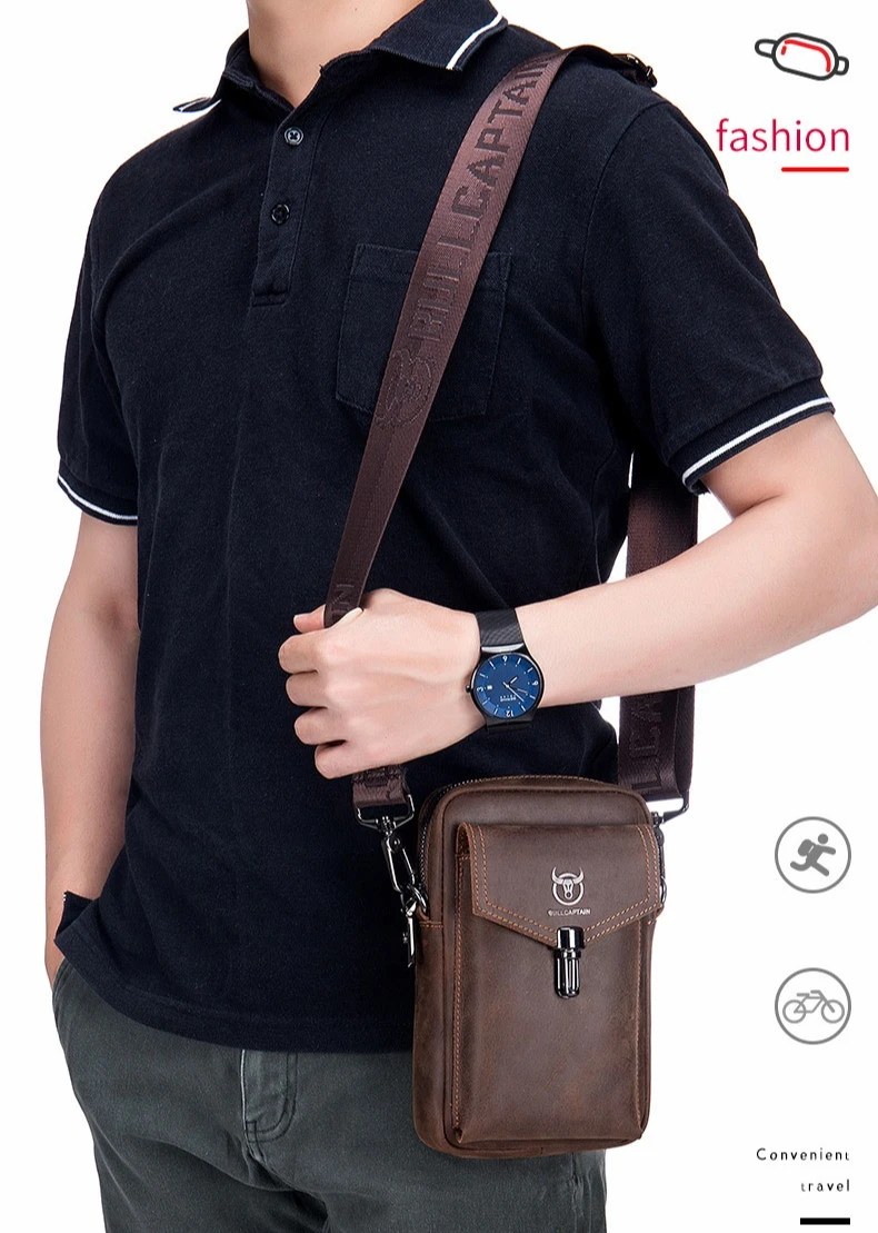 Retro crazy horse leather buckle zipper man wearing real leather belt crossbody square waist hanging wallet